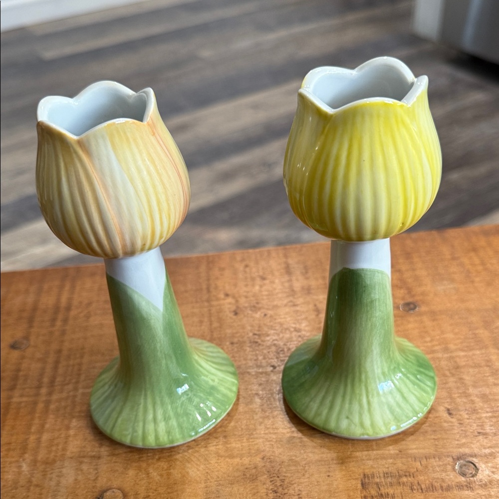 Andrea By Sadek Yellow and Green Tulip Candlesticks